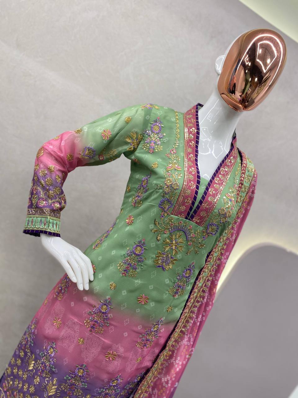 COLLECTION PRINTED SEQUENCE EMBROIDERED WORK DAMAN SUIT ,PLAZO AND BOX DUPATTA