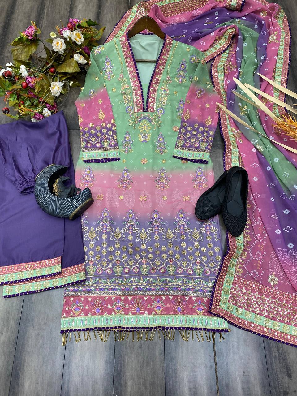 COLLECTION PRINTED SEQUENCE EMBROIDERED WORK DAMAN SUIT ,PLAZO AND BOX DUPATTA