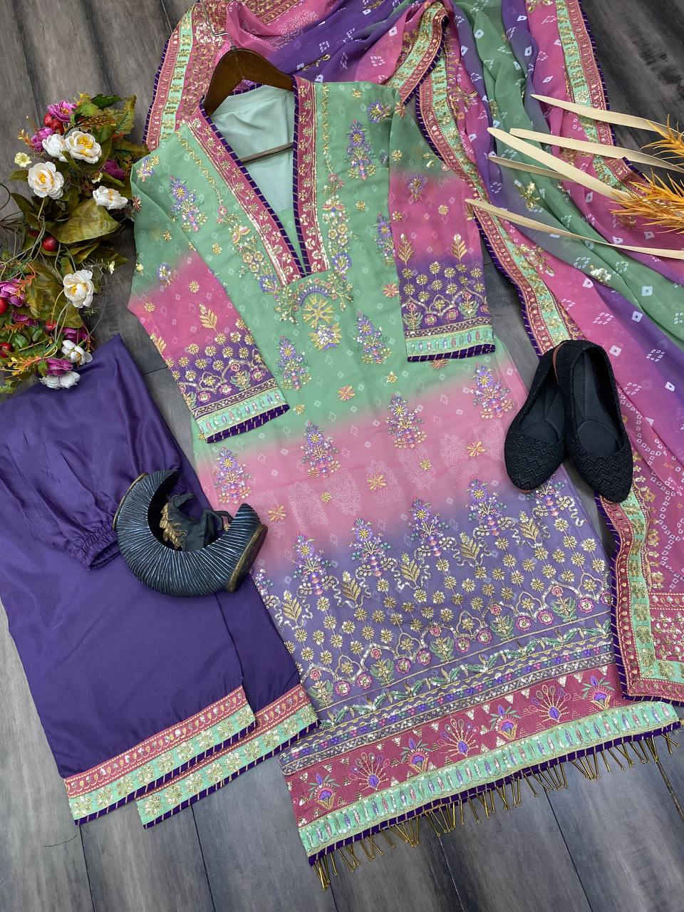 COLLECTION PRINTED SEQUENCE EMBROIDERED WORK DAMAN SUIT ,PLAZO AND BOX DUPATTA