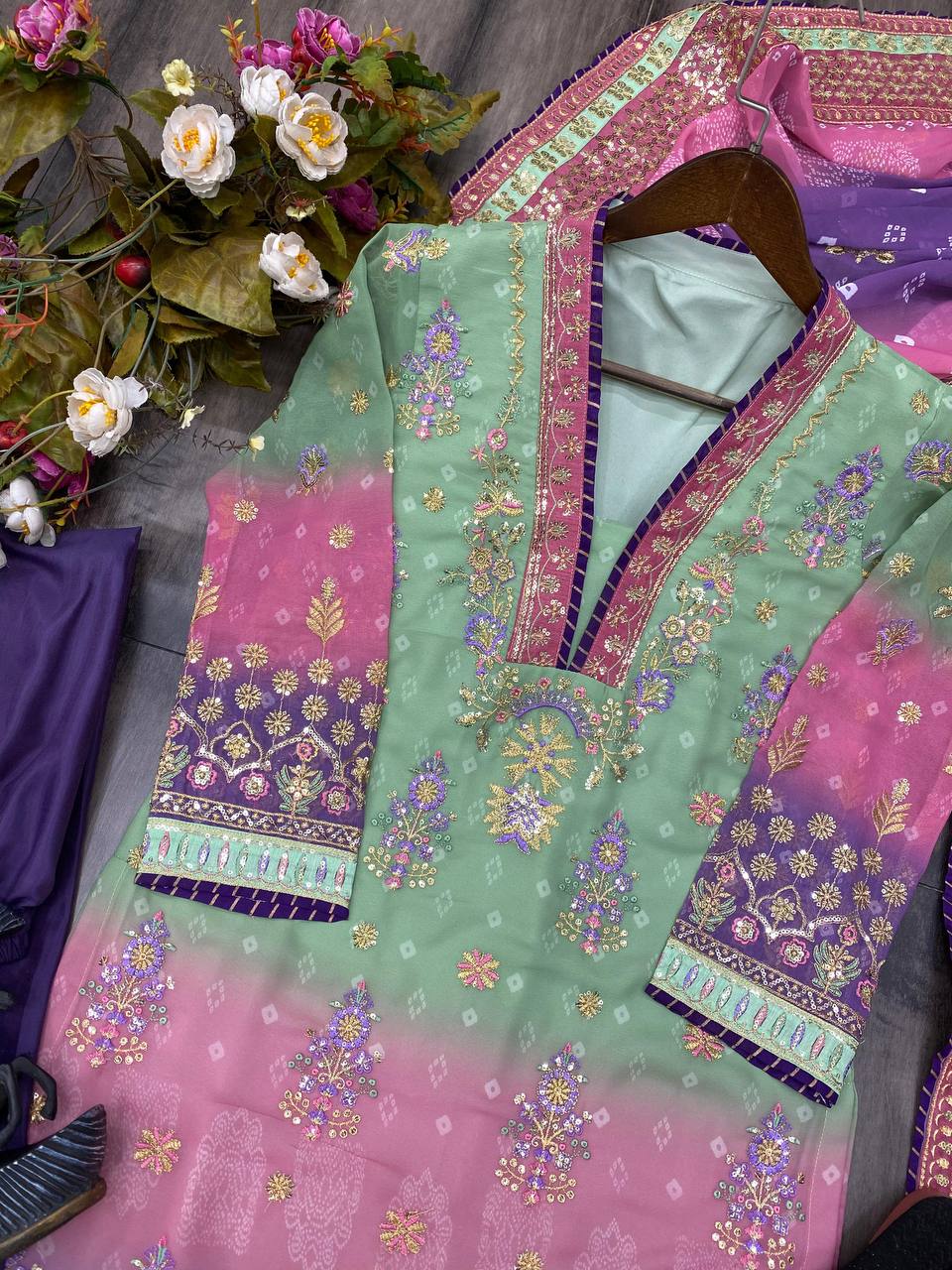 COLLECTION PRINTED SEQUENCE EMBROIDERED WORK DAMAN SUIT ,PLAZO AND BOX DUPATTA