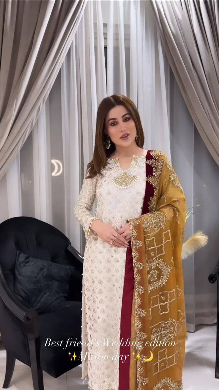 RAMZAN FAUX GEORGETTE SEQUENCE EMBROIDERED WORK TOP AND PENT WITH WORK DUPATTA