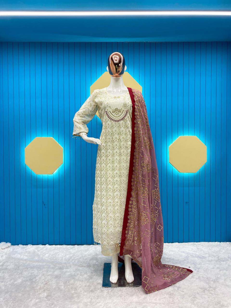 RAMZAN FAUX GEORGETTE SEQUENCE EMBROIDERED WORK TOP AND PENT WITH WORK DUPATTA