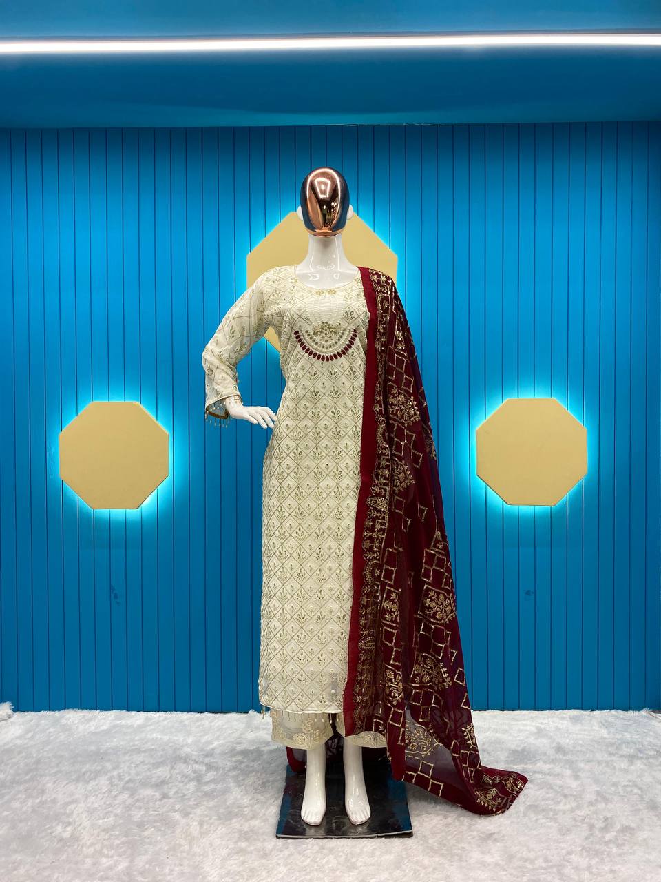 RAMZAN FAUX GEORGETTE SEQUENCE EMBROIDERED WORK TOP AND PENT WITH WORK DUPATTA