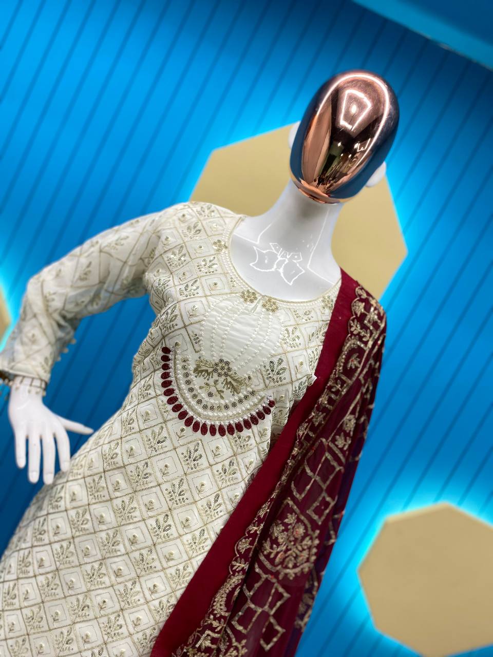 RAMZAN FAUX GEORGETTE SEQUENCE EMBROIDERED WORK TOP AND PENT WITH WORK DUPATTA