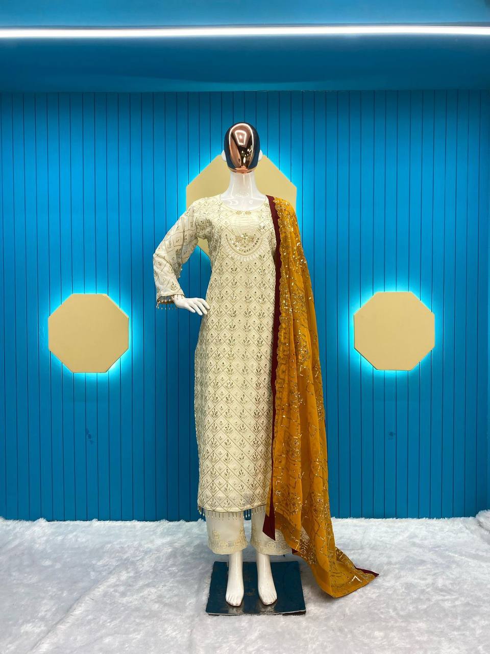 RAMZAN FAUX GEORGETTE SEQUENCE EMBROIDERED WORK TOP AND PENT WITH WORK DUPATTA