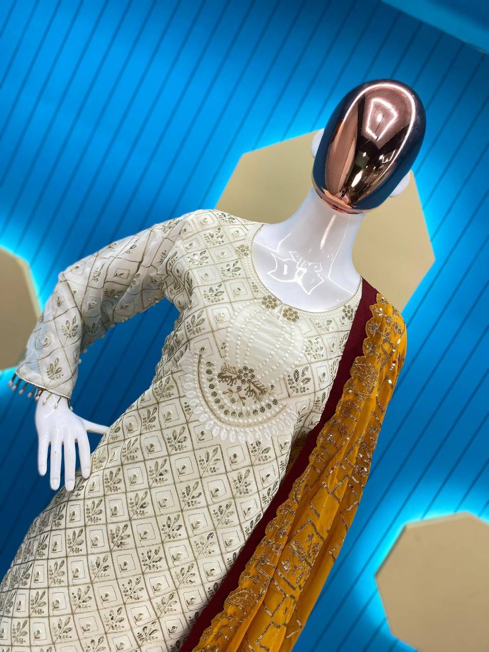 RAMZAN FAUX GEORGETTE SEQUENCE EMBROIDERED WORK TOP AND PENT WITH WORK DUPATTA