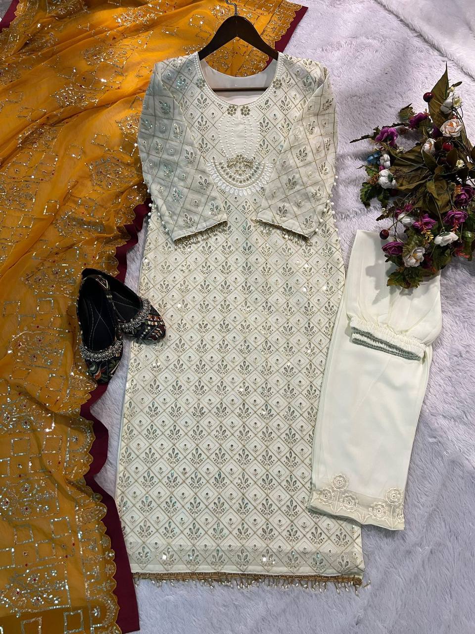 RAMZAN FAUX GEORGETTE SEQUENCE EMBROIDERED WORK TOP AND PENT WITH WORK DUPATTA