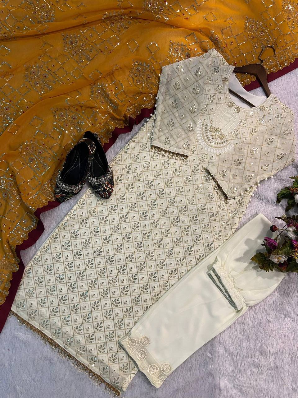 RAMZAN FAUX GEORGETTE SEQUENCE EMBROIDERED WORK TOP AND PENT WITH WORK DUPATTA