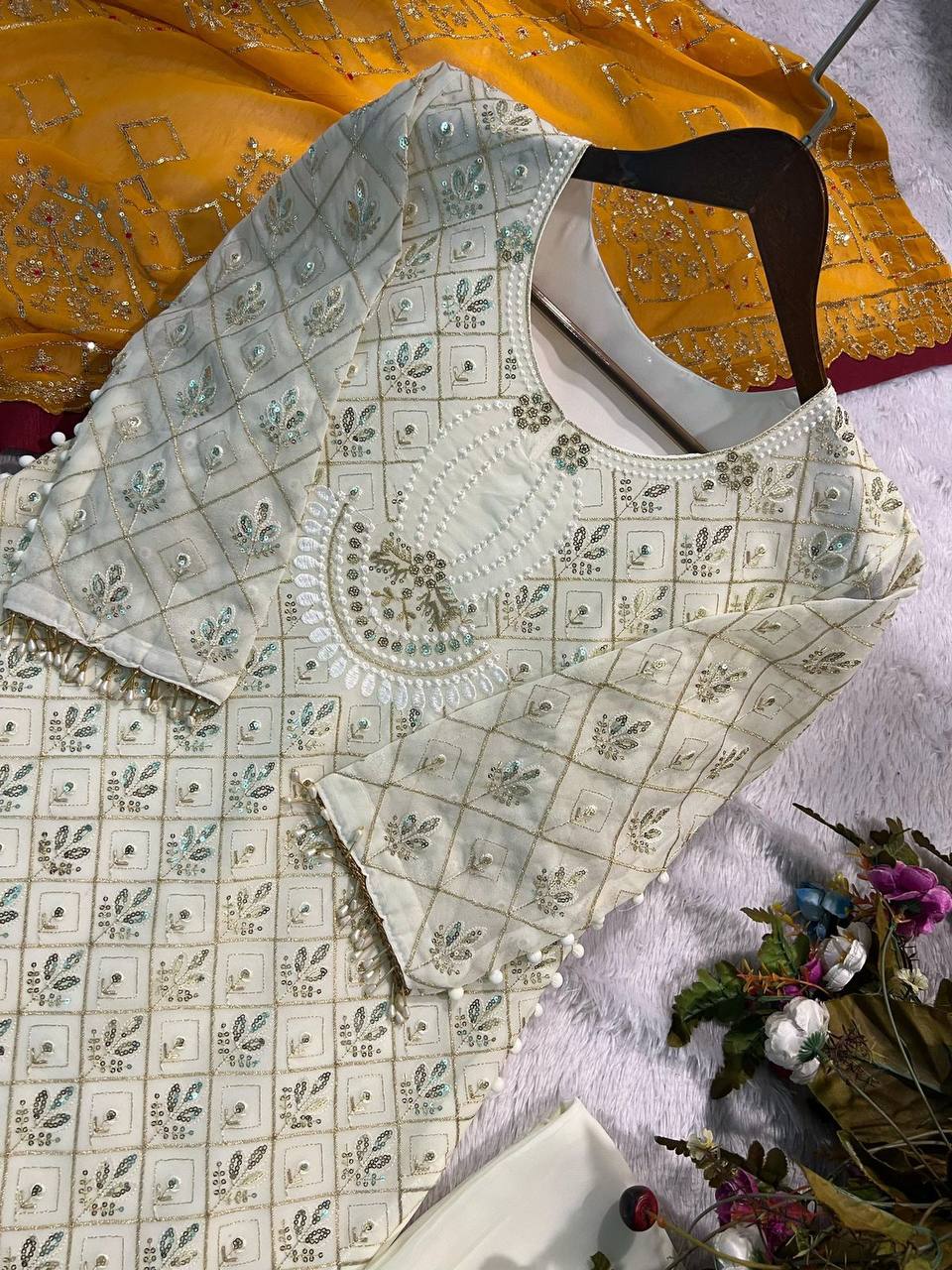 RAMZAN FAUX GEORGETTE SEQUENCE EMBROIDERED WORK TOP AND PENT WITH WORK DUPATTA