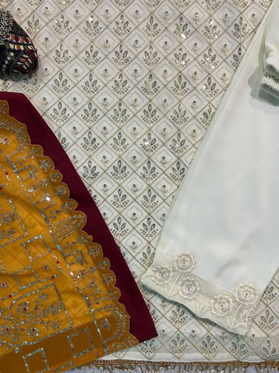 RAMZAN FAUX GEORGETTE SEQUENCE EMBROIDERED WORK TOP AND PENT WITH WORK DUPATTA