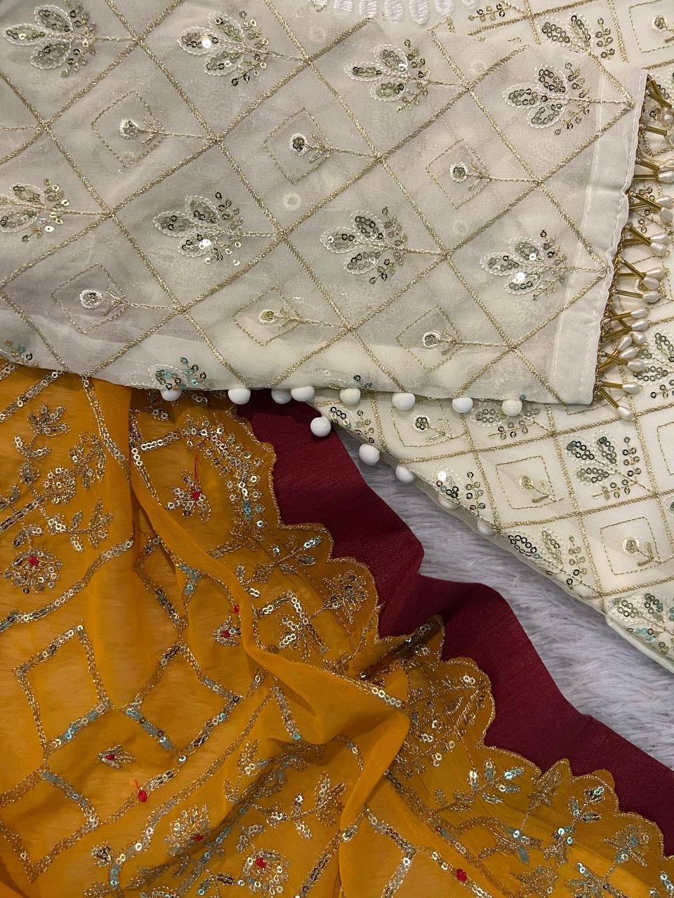 RAMZAN FAUX GEORGETTE SEQUENCE EMBROIDERED WORK TOP AND PENT WITH WORK DUPATTA