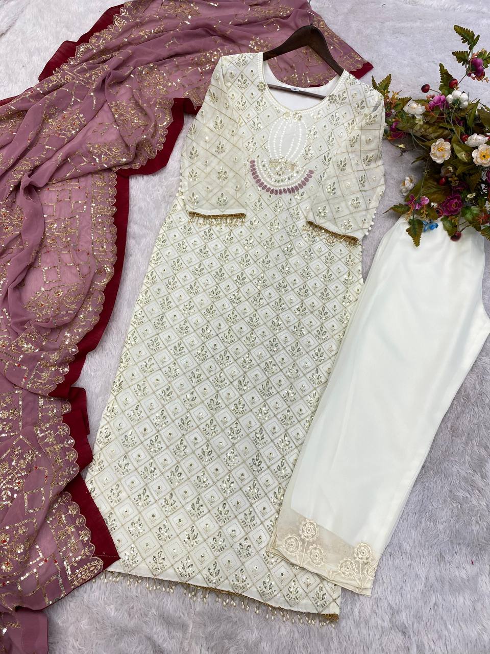 RAMZAN FAUX GEORGETTE SEQUENCE EMBROIDERED WORK TOP AND PENT WITH WORK DUPATTA