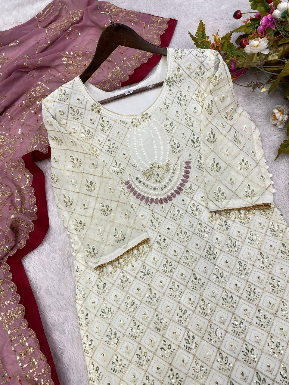 RAMZAN FAUX GEORGETTE SEQUENCE EMBROIDERED WORK TOP AND PENT WITH WORK DUPATTA