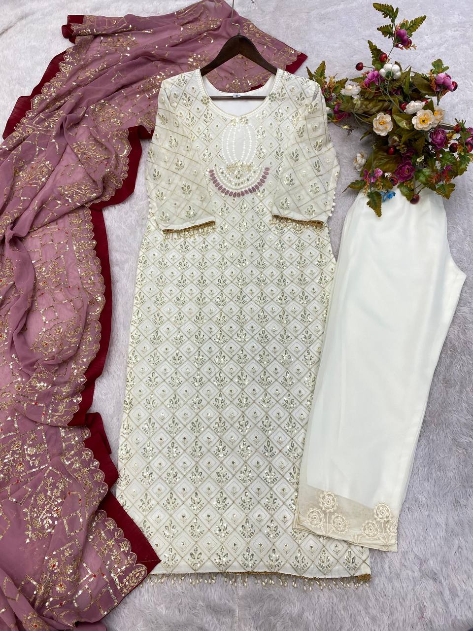 RAMZAN FAUX GEORGETTE SEQUENCE EMBROIDERED WORK TOP AND PENT WITH WORK DUPATTA