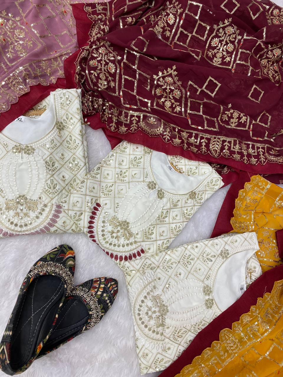 RAMZAN FAUX GEORGETTE SEQUENCE EMBROIDERED WORK TOP AND PENT WITH WORK DUPATTA