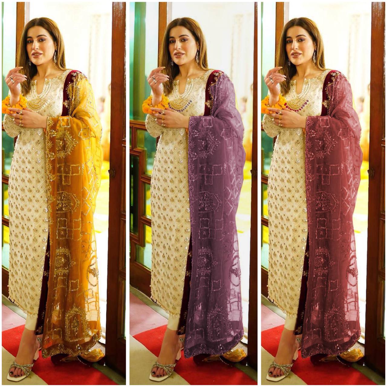 RAMZAN FAUX GEORGETTE SEQUENCE EMBROIDERED WORK TOP AND PENT WITH WORK DUPATTA