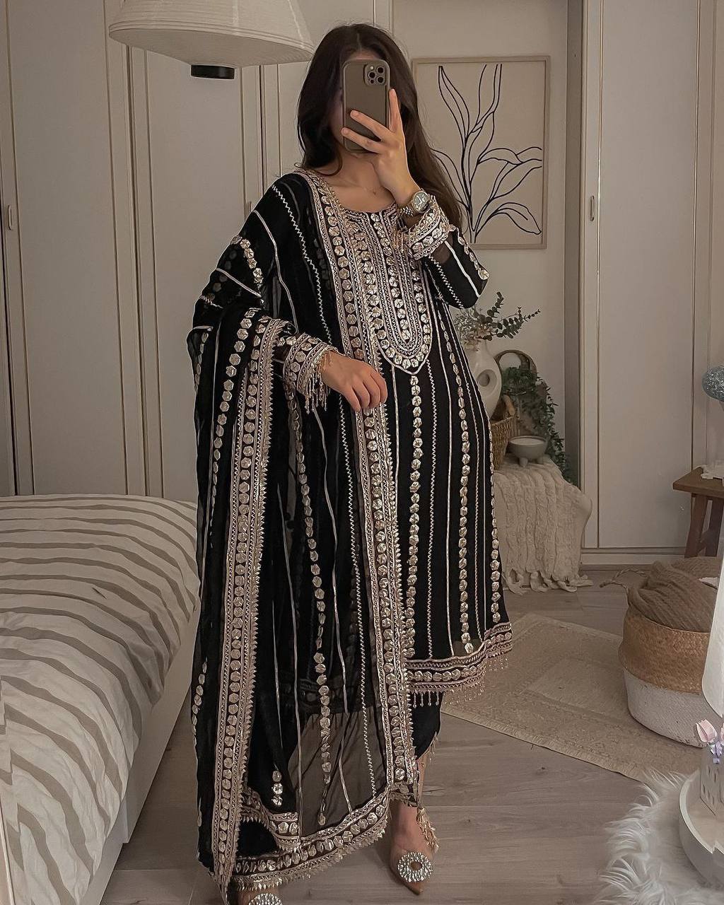 Faux Georgette Designer Trio: Embroidered Top, Fancy Pant, & Foil Work Dupatta