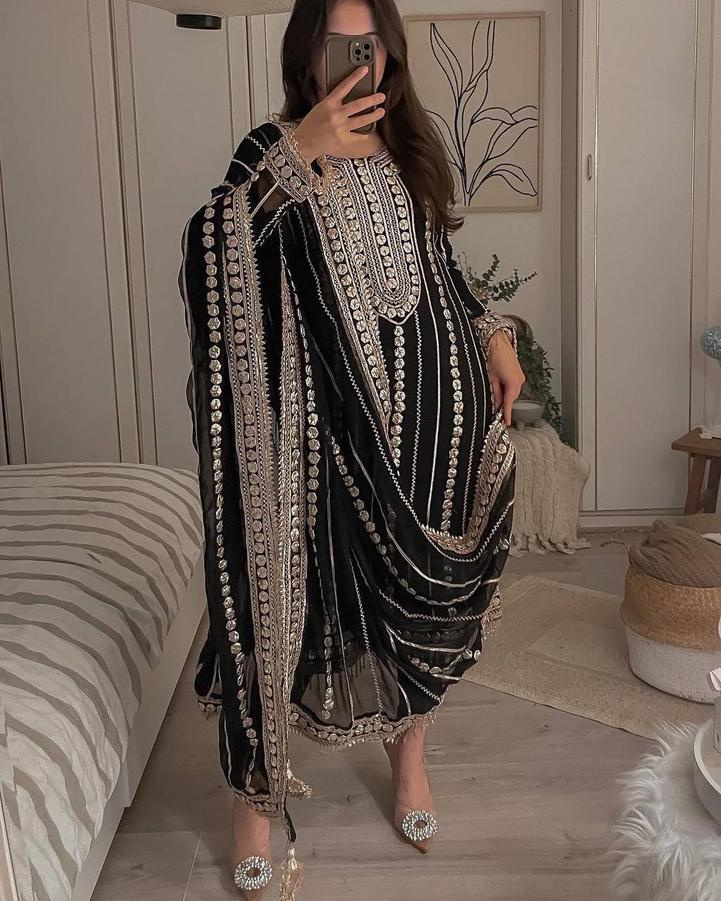 Faux Georgette Designer Trio: Embroidered Top, Fancy Pant, & Foil Work Dupatta