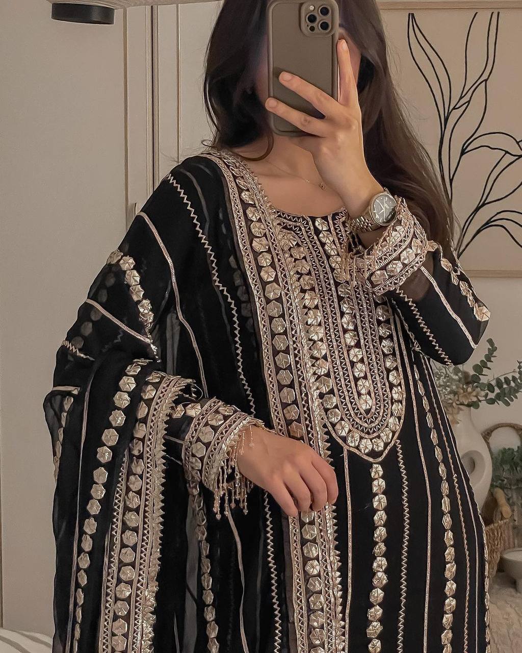 Faux Georgette Designer Trio: Embroidered Top, Fancy Pant, & Foil Work Dupatta