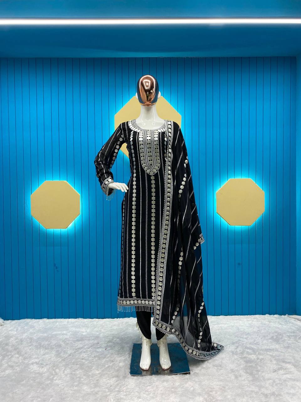 Faux Georgette Designer Trio: Embroidered Top, Fancy Pant, & Foil Work Dupatta