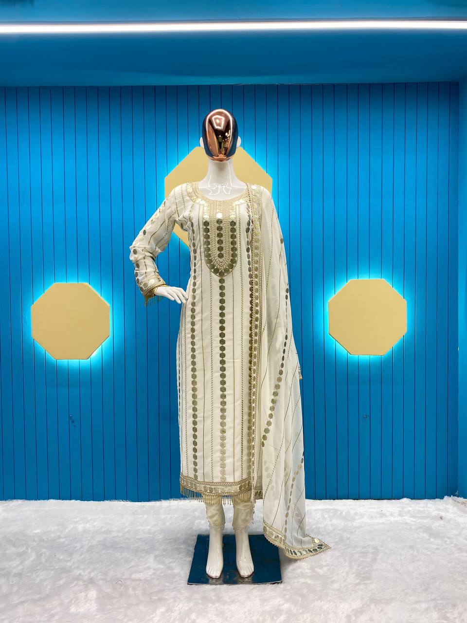 Faux Georgette Designer Trio: Embroidered Top, Fancy Pant, & Foil Work Dupatta