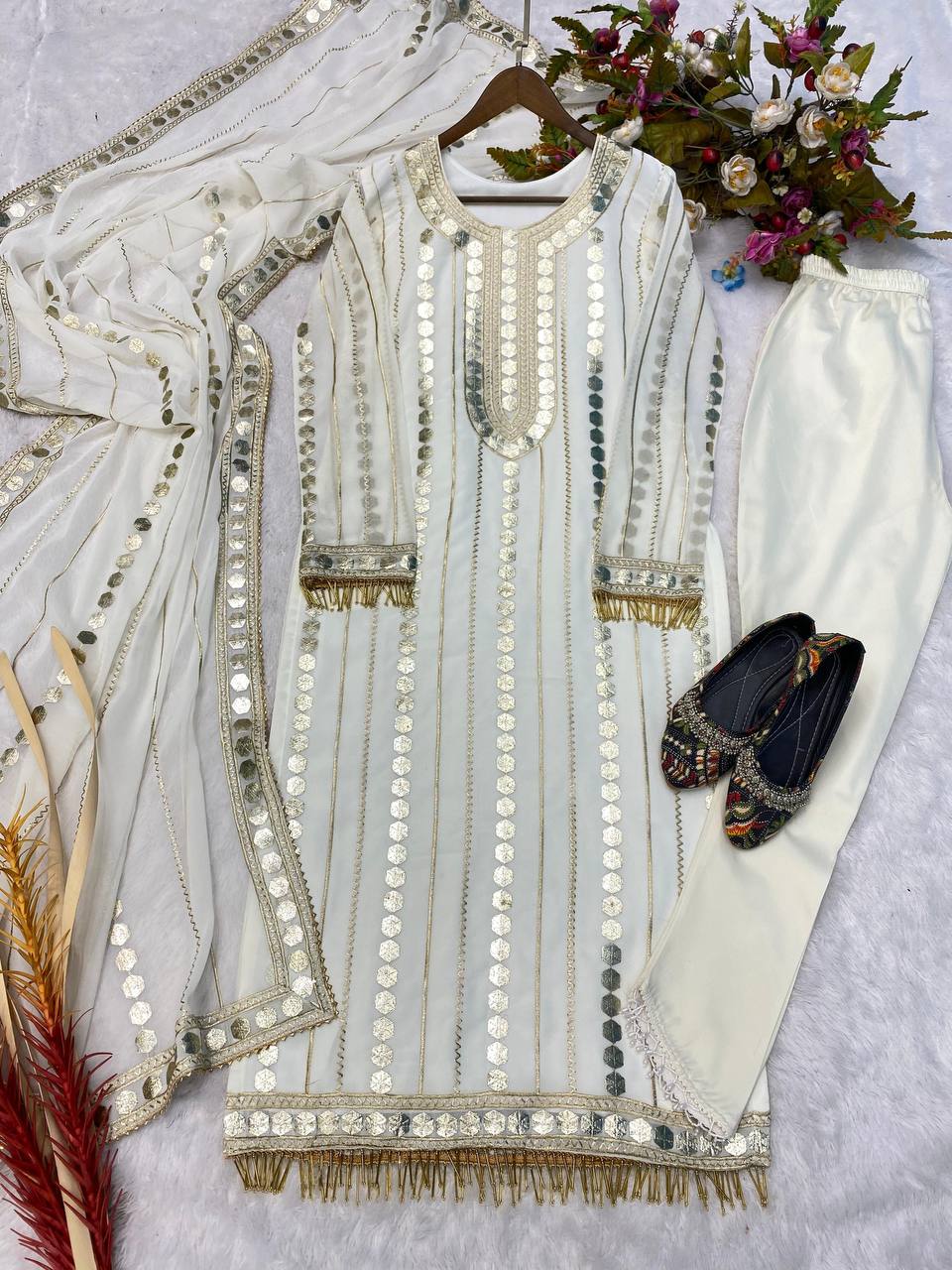 Faux Georgette Designer Trio: Embroidered Top, Fancy Pant, & Foil Work Dupatta