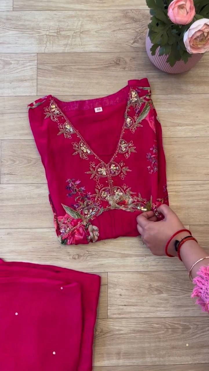 Trending Chinon: Sequence Embroidery & Printed Aliya Cut Suit with Half Dupatta & Pant