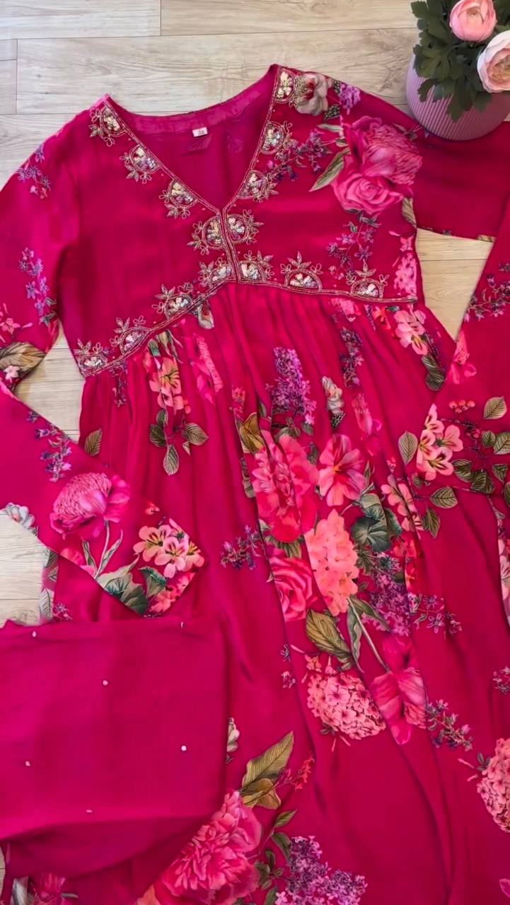 Trending Chinon: Sequence Embroidery & Printed Aliya Cut Suit with Half Dupatta & Pant