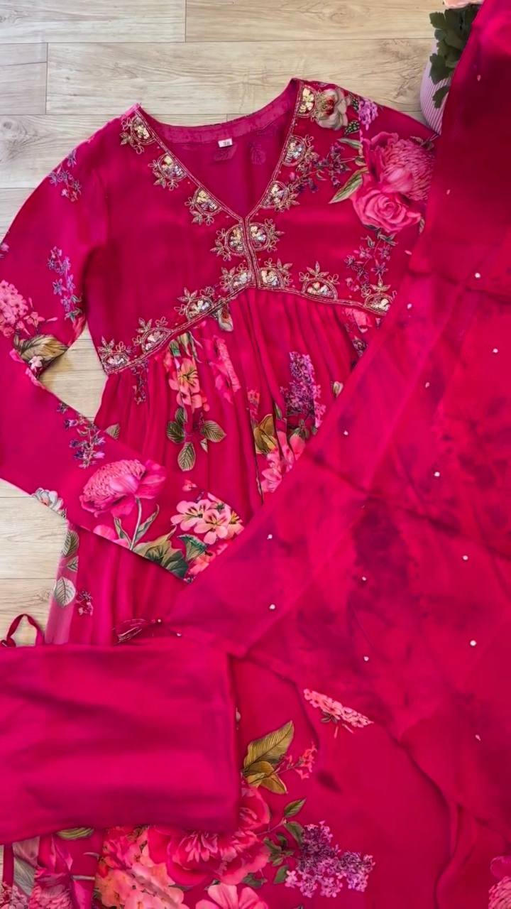 Trending Chinon: Sequence Embroidery & Printed Aliya Cut Suit with Half Dupatta & Pant