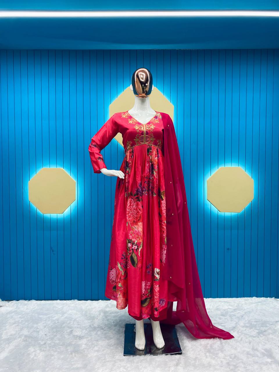 Trending Chinon: Sequence Embroidery & Printed Aliya Cut Suit with Half Dupatta & Pant