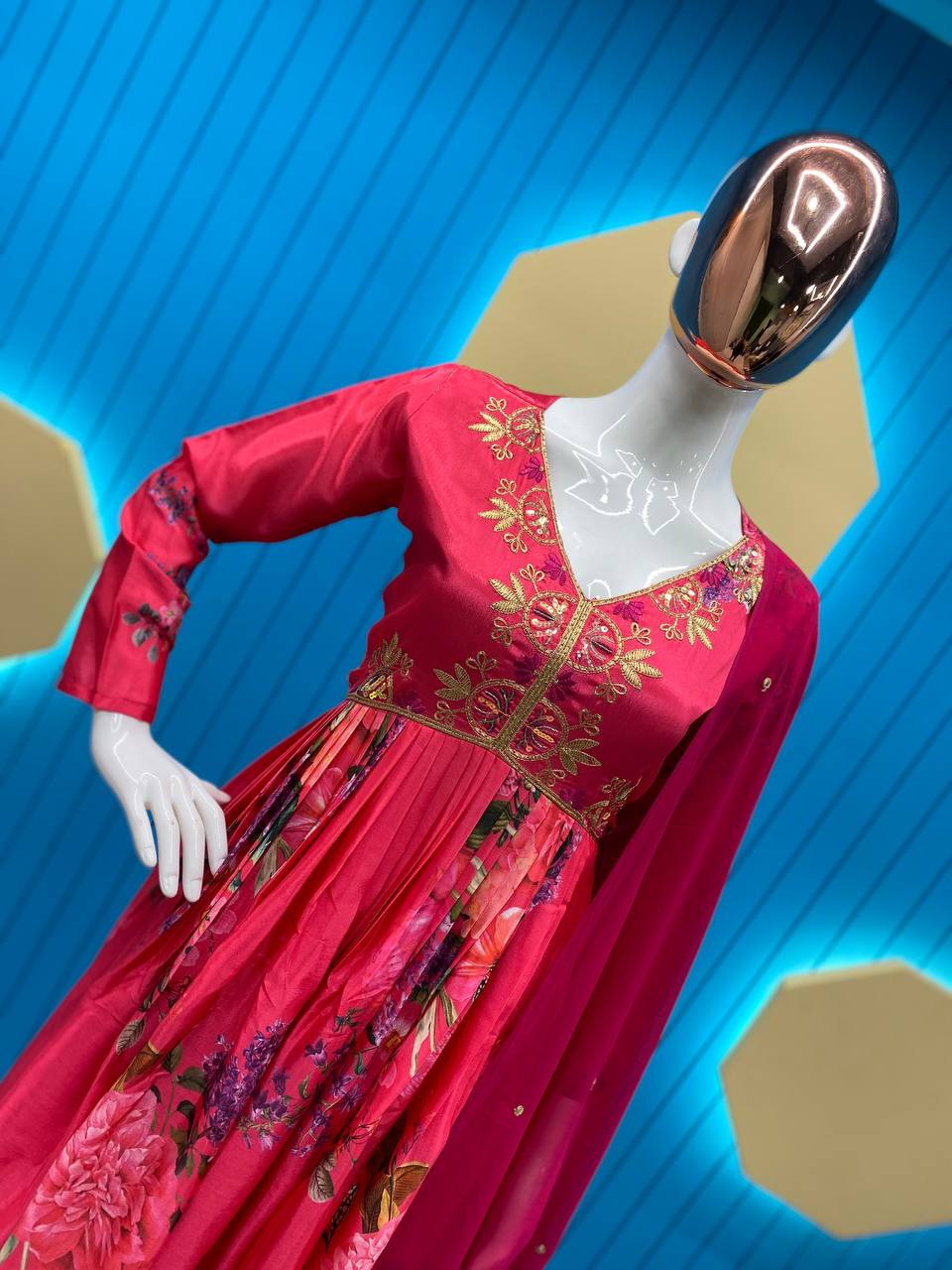 Trending Chinon: Sequence Embroidery & Printed Aliya Cut Suit with Half Dupatta & Pant