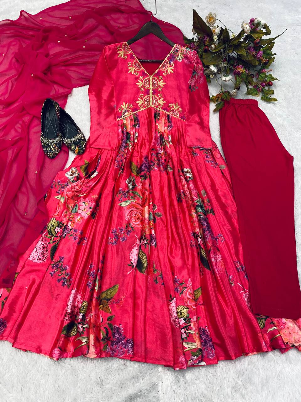 Trending Chinon: Sequence Embroidery & Printed Aliya Cut Suit with Half Dupatta & Pant