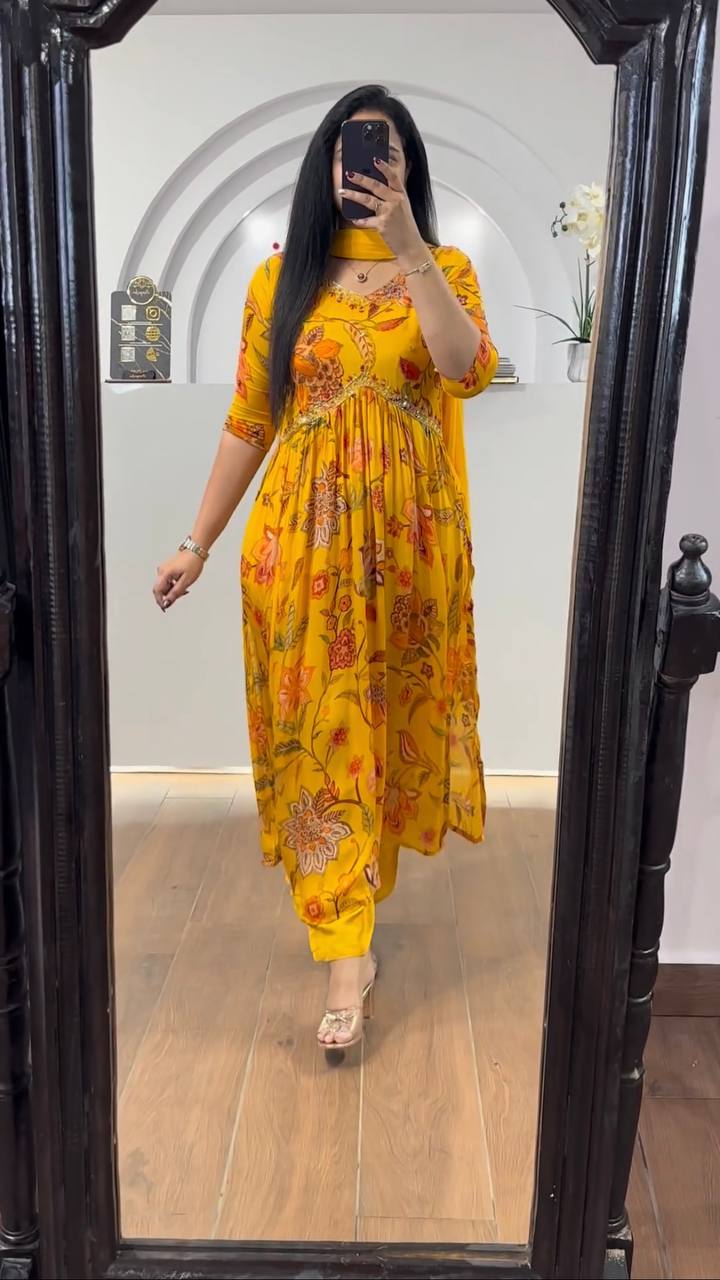 CHINON WITH SEQUNCE EMBROIDERY AND PRINTED ALIYA CUT SUIT WITH PANT &amp; DUPATTA