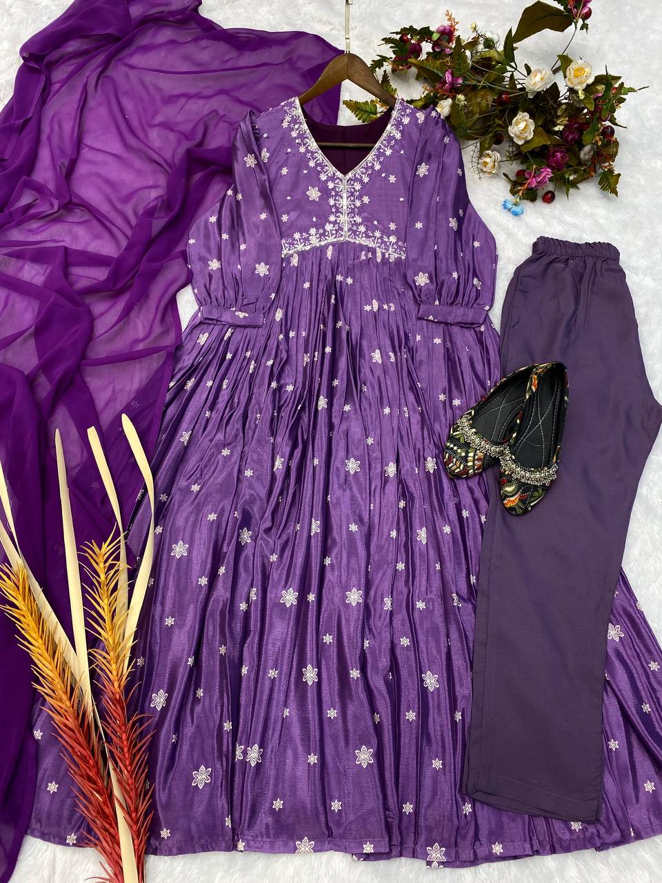 CHINON WITH SEQUNCE EMBROIDERY AND PRINTED ALIYA CUT SUIT WITH PANT &amp; DUPATTA