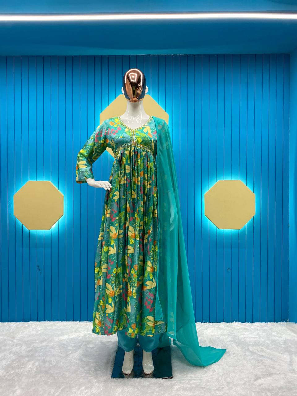 CHINON WITH SEQUNCE EMBROIDERY AND PRINTED ALIYA CUT SUIT WITH PANT &amp; DUPATTA