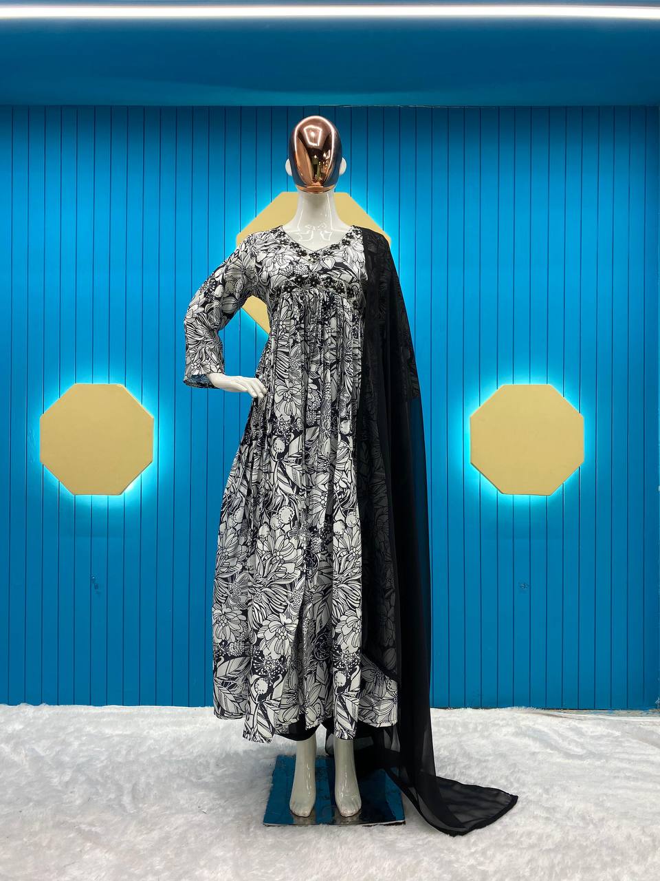 CHINON WITH SEQUNCE EMBROIDERY AND PRINTED ALIYA CUT SUIT WITH PANT &amp; DUPATTA