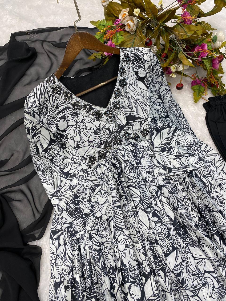 CHINON WITH SEQUNCE EMBROIDERY AND PRINTED ALIYA CUT SUIT WITH PANT &amp; DUPATTA