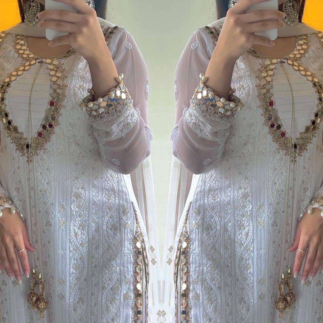 Desirable Faux Georgette Embroidered Suit with Real Mirror Work and Dupatta