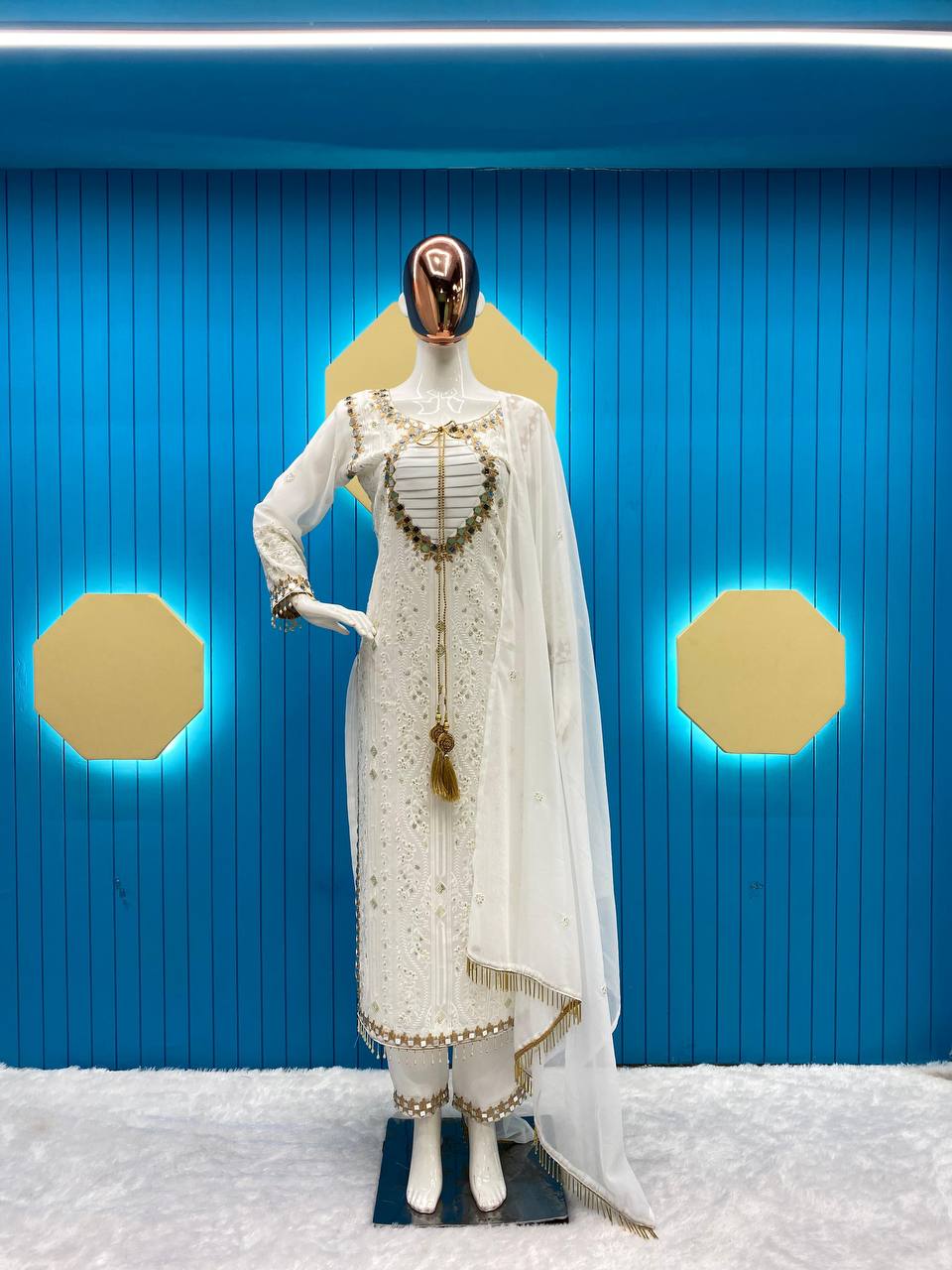 Desirable Faux Georgette Embroidered Suit with Real Mirror Work and Dupatta