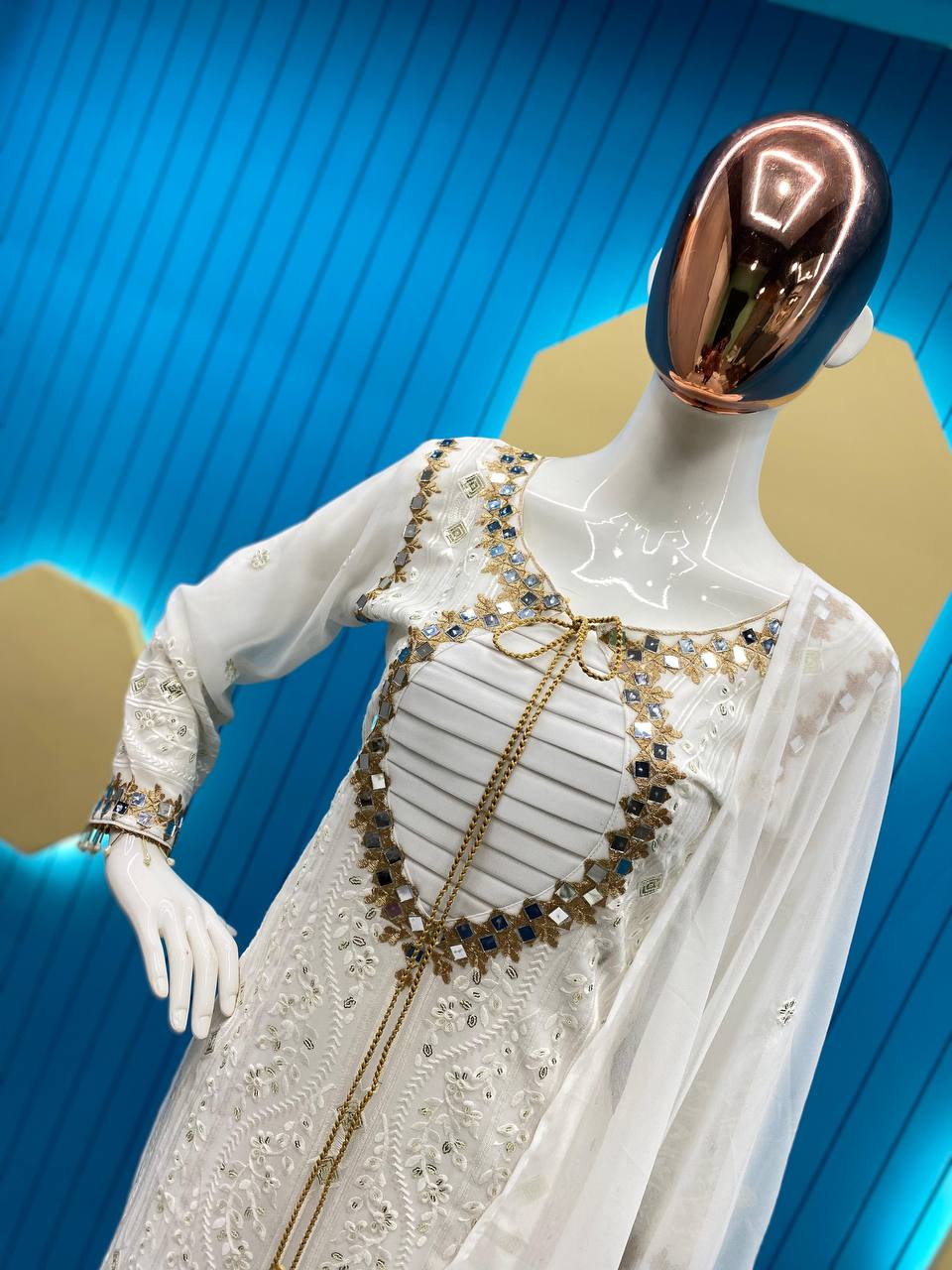 Desirable Faux Georgette Embroidered Suit with Real Mirror Work and Dupatta