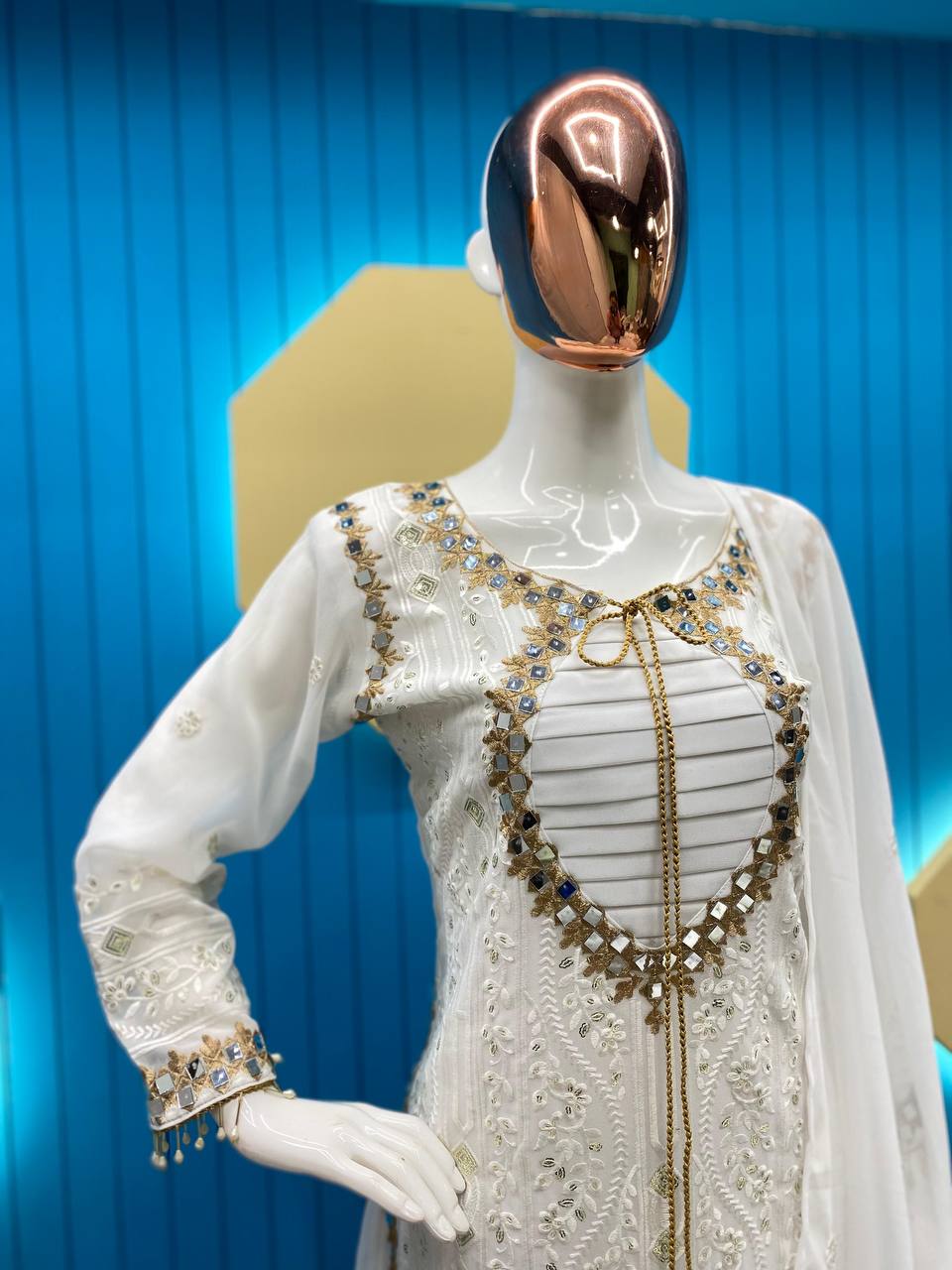 Desirable Faux Georgette Embroidered Suit with Real Mirror Work and Dupatta