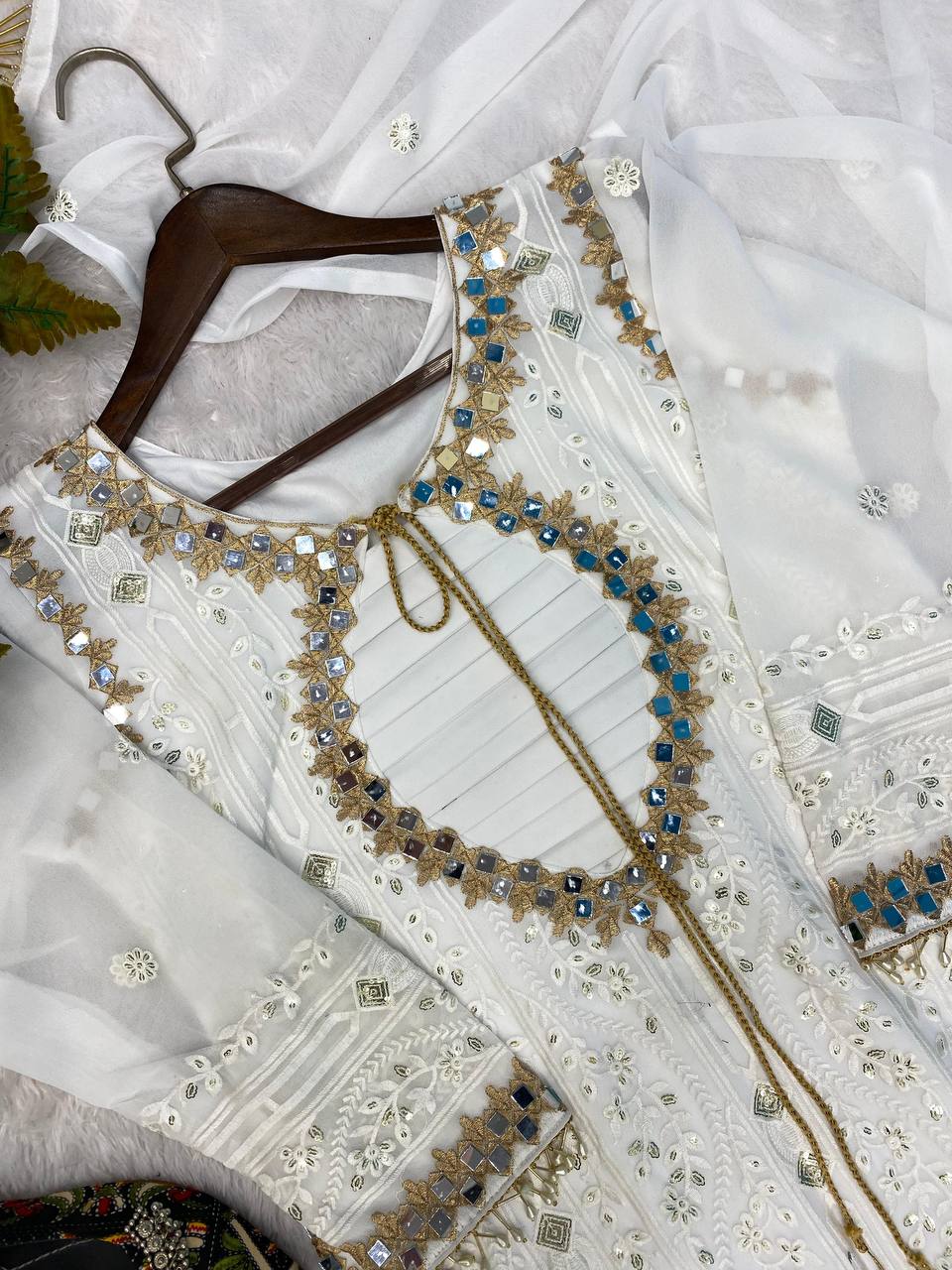 Desirable Faux Georgette Embroidered Suit with Real Mirror Work and Dupatta