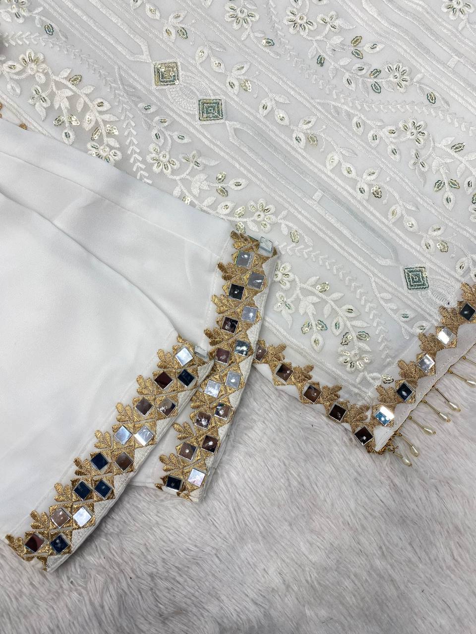 Desirable Faux Georgette Embroidered Suit with Real Mirror Work and Dupatta