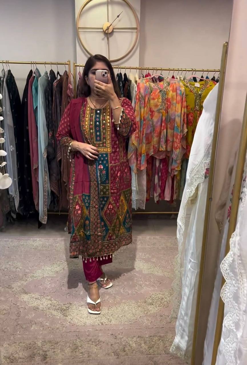 Stylish Maslin Suit with Printed and Real Mirror Work