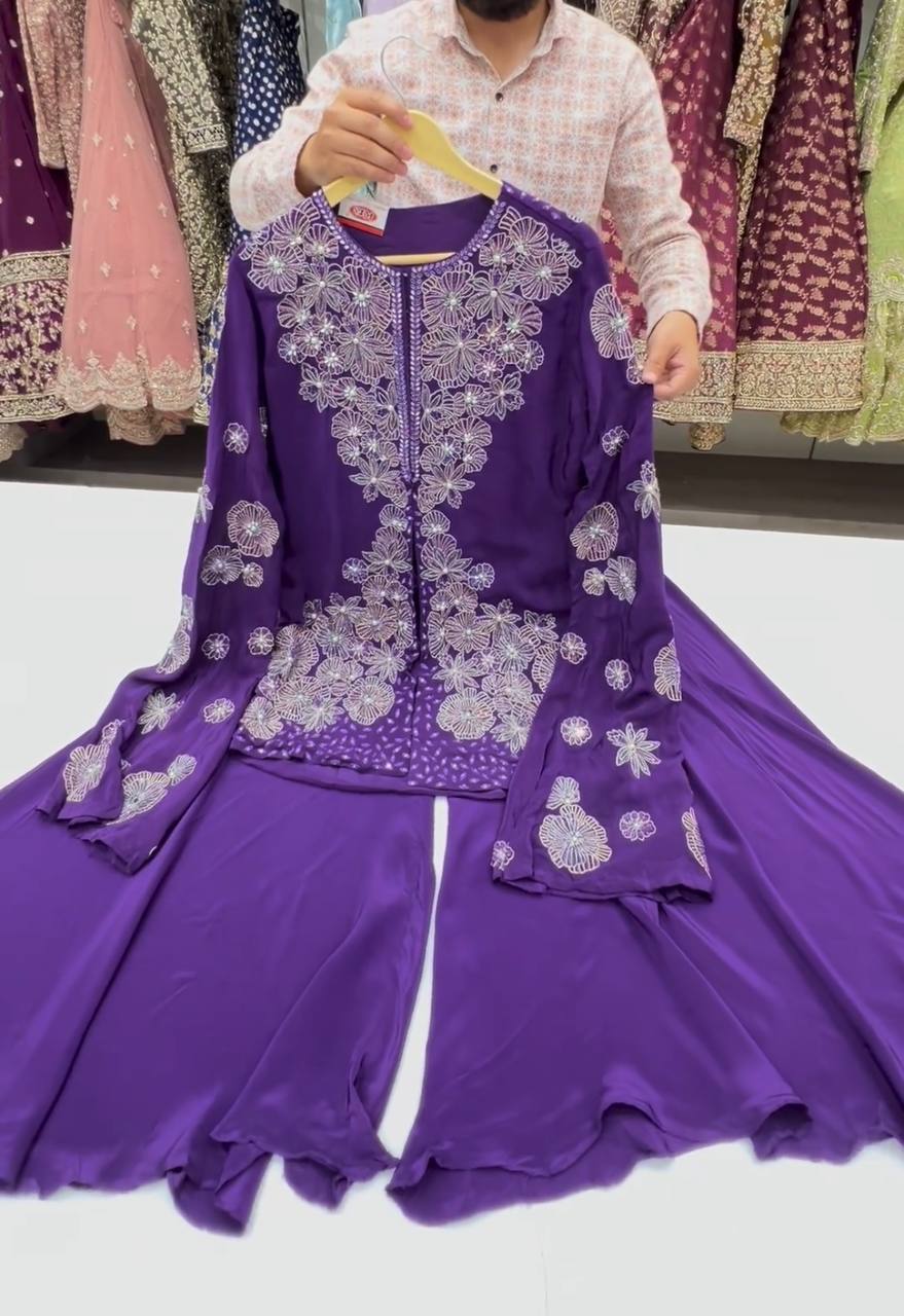 Elegant Chinon Silk Ensemble with Sequin and Mirror Embroidery