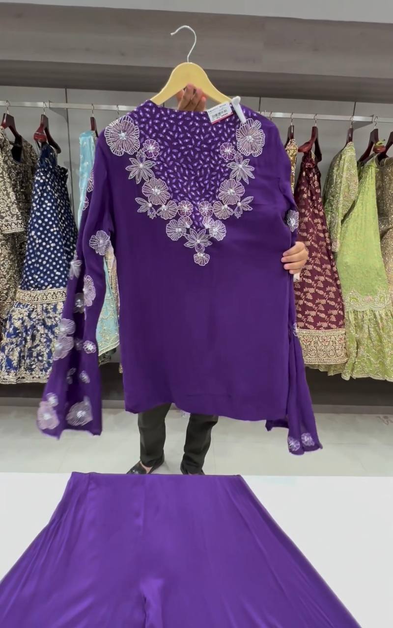 Elegant Chinon Silk Ensemble with Sequin and Mirror Embroidery