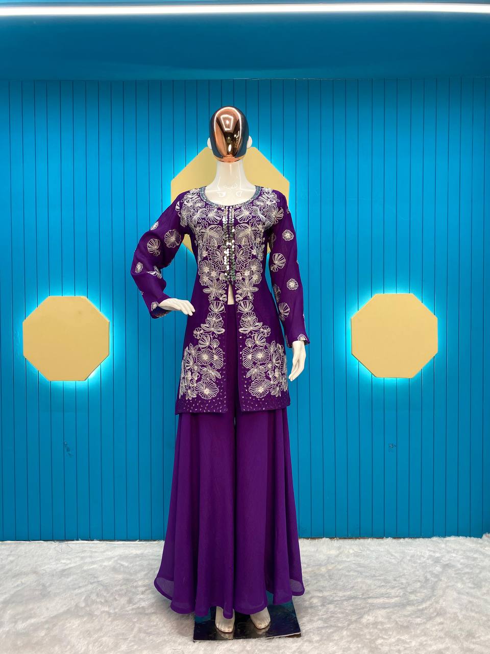 Elegant Chinon Silk Ensemble with Sequin and Mirror Embroidery