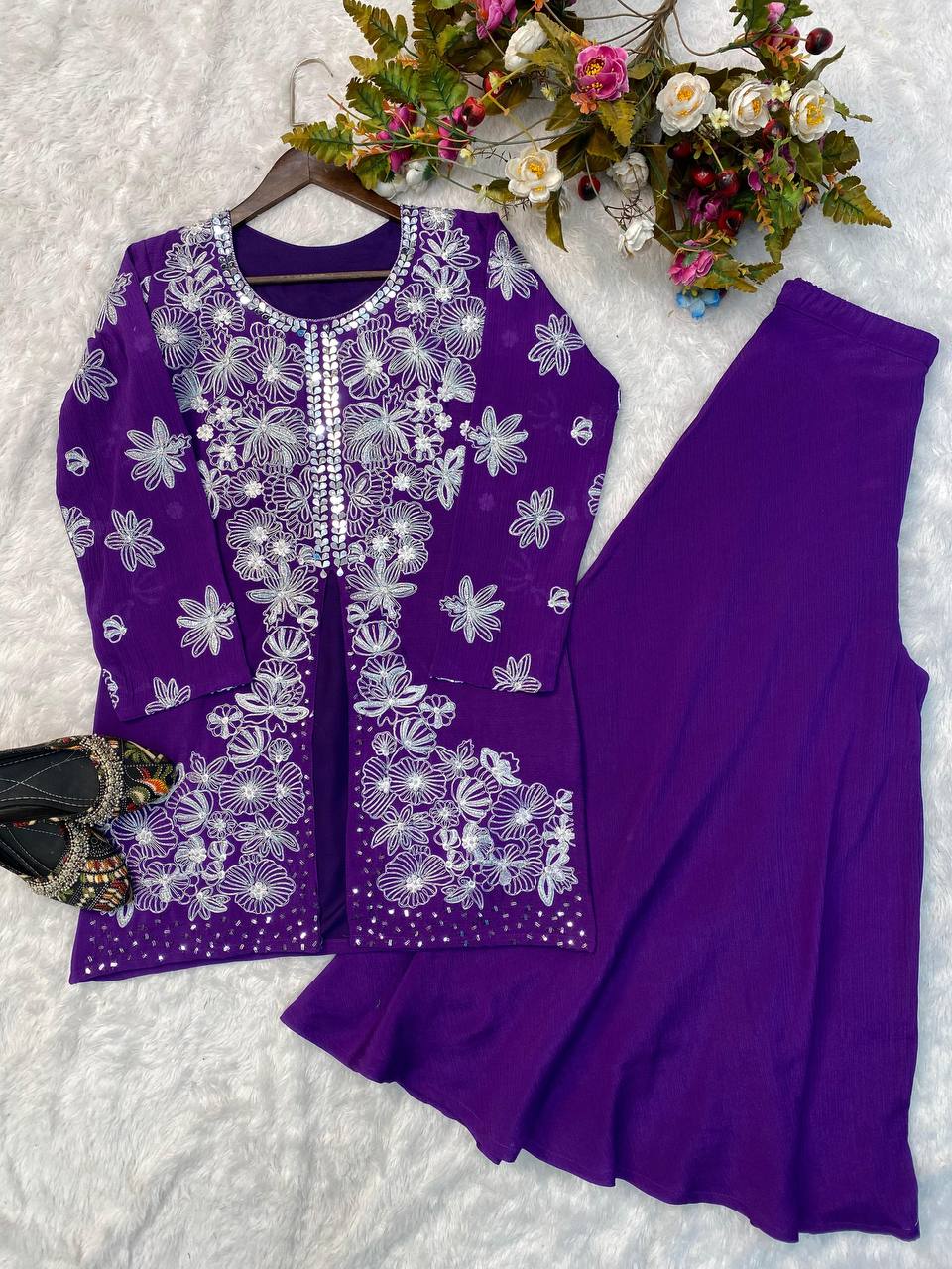 Elegant Chinon Silk Ensemble with Sequin and Mirror Embroidery