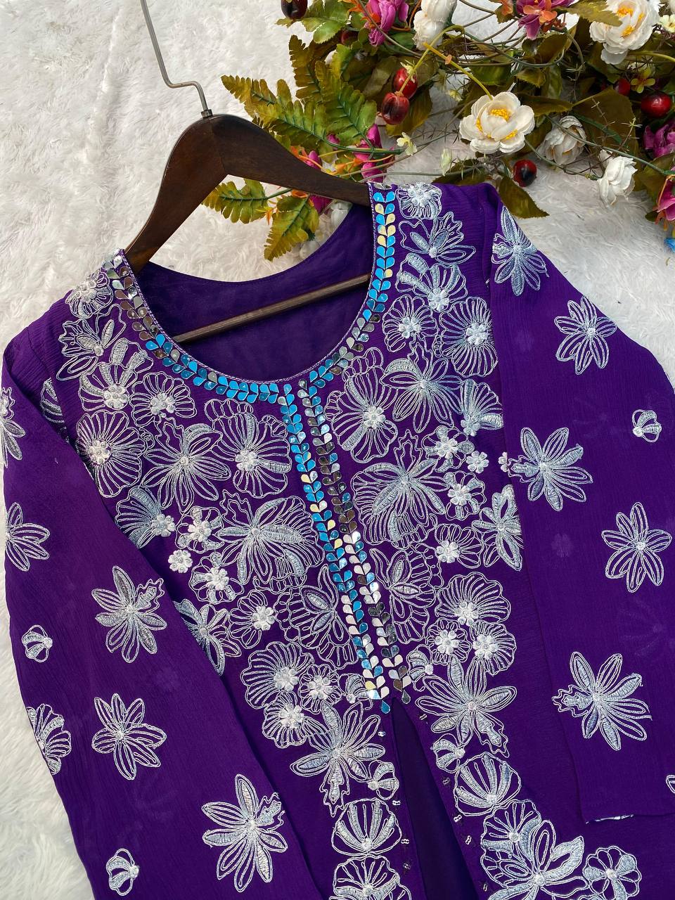 Elegant Chinon Silk Ensemble with Sequin and Mirror Embroidery