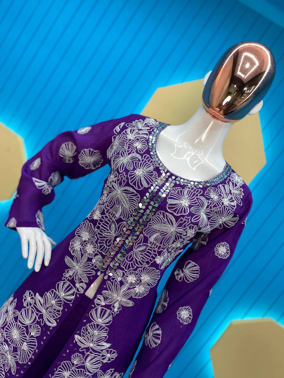 Elegant Chinon Silk Ensemble with Sequin and Mirror Embroidery